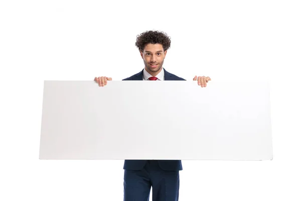 Happy Elegant Man Presenting White Empty Billboard Smiling White Background — Photo
