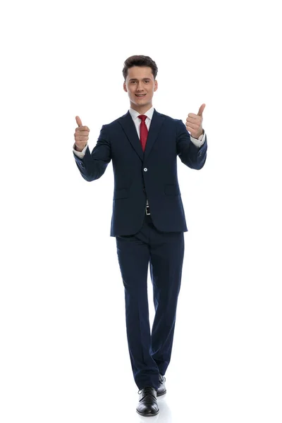 Young Businessman Walking Giving Thumbs Wearing Suit Tie White Background — Stock Photo, Image