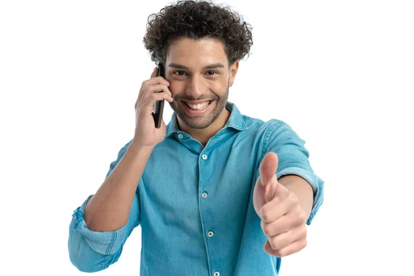 Happy Greek Man Curly Hair Having Phone Discussion Smiling While — Stockfoto