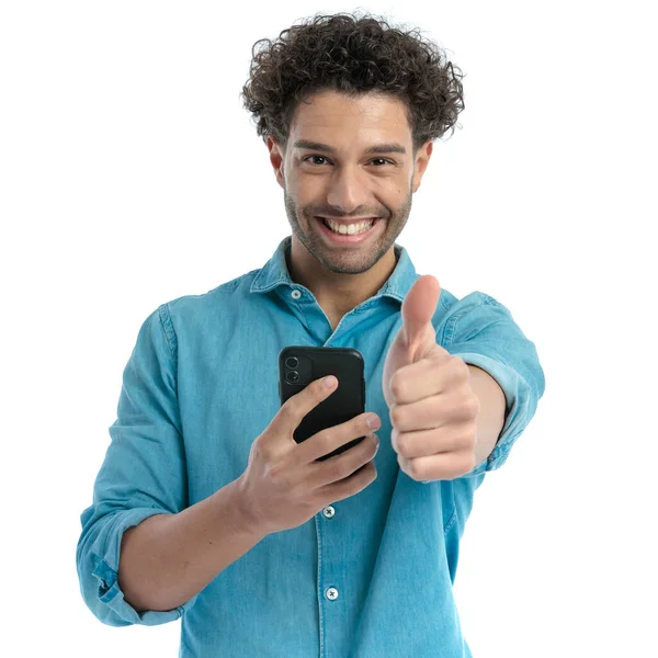 Excited Man Curly Hair Reading Emails Making Thumbs Gesture Front — ストック写真
