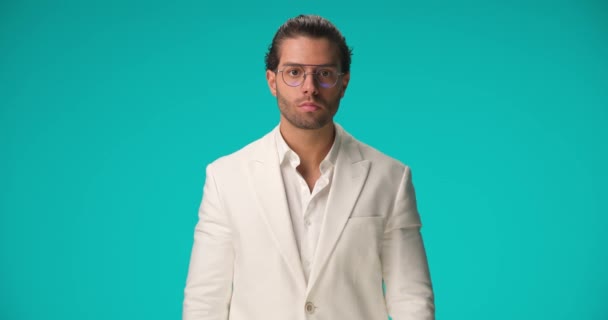 Sexy Businessman Crossing Arms Chest Smiling Camera — Stok video