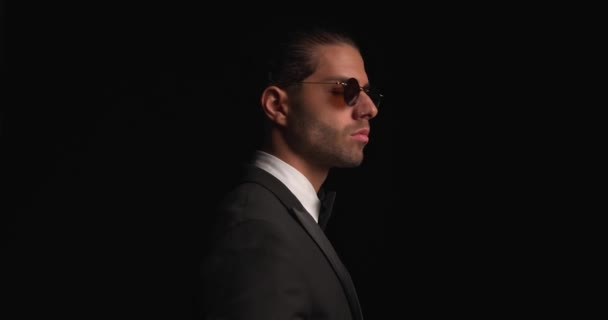 Handsome Businessman Removing Sunglasses Giving Tough Look — Stock Video