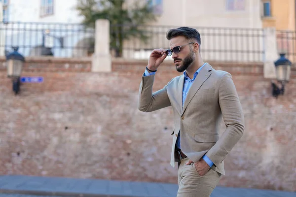 Portrait Handsome Elegant Businessman Walking Hand Pocket Fixing Sunglasses Outdoor — Zdjęcie stockowe