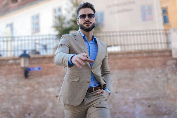 Cool Stylish Businessman Walking Hand Pocket Confidently Posing Fashion Way — Stockfoto
