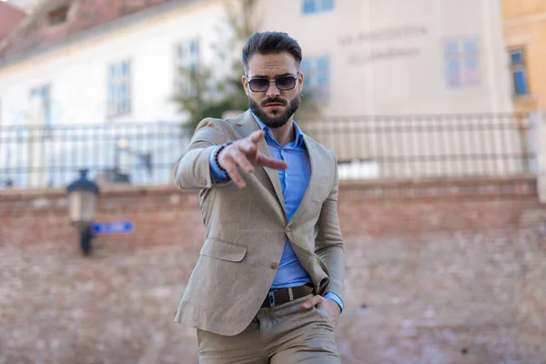 Attractive Man Beard Holding Hands Pockets Posing Hand Cool Way — Stockfoto