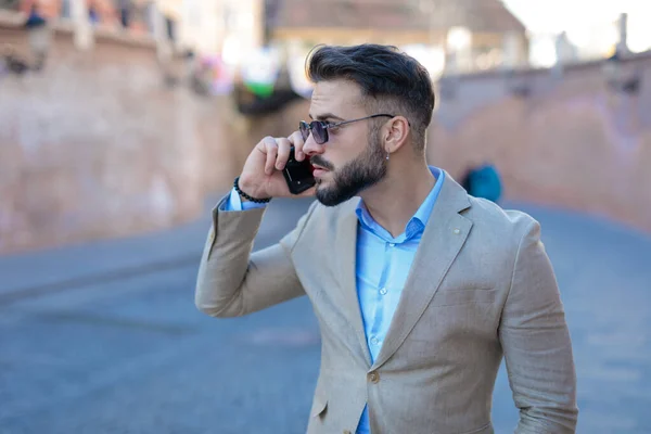Sexy Bearded Businessman Suit Talking Phone Looking Side Front Old — Stock Photo, Image
