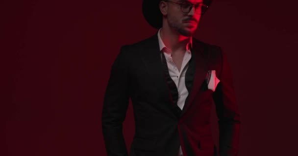 Bearded Young Man Elegant Suit Hat Glasses Adjusting Suit Looking — Video Stock