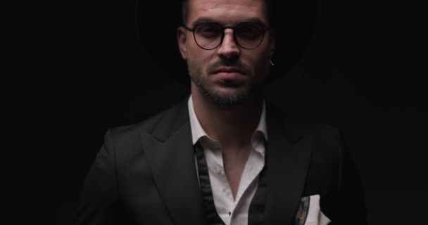 Mysterious Elegant Man Hat Glasses Looking Side While Fixing Adjusting — Vídeos de Stock