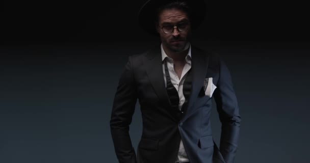 Confident Stylish Man Suit Hat Glasses Holding Hands Pockets Looking — Vídeos de Stock