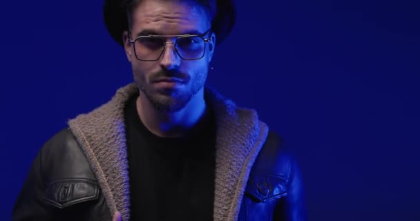 Attractive Man Hat Glasses Adjusting Leather Jacket Wool Cardigan Looking — Vídeos de Stock