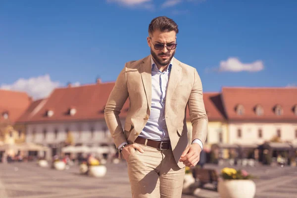 Portrait Sexy Businessman Putting Hand Pocket Looking Wearing Sunglasses Outdoor — Stock Photo, Image