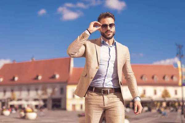 Portrait Sexy Businessman Arranging His Cool Sunglasses Wearing Sunglasses Outdoor — Stock Photo, Image