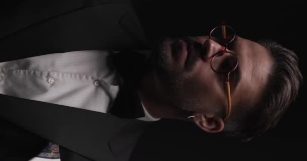 Closeup Handsome Businessman Looking Wearing Eyeglasses Looking Dramatic Video — Stock Video
