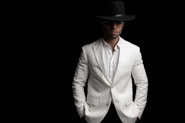 Confident Elegant Man Hat Glasses Holding Hands Pocket Posing Front — Stock Photo, Image
