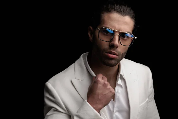 Portrait Handsome Elegant Man Glasses Adjusting Open Collar Shirt Posing — Stock Photo, Image