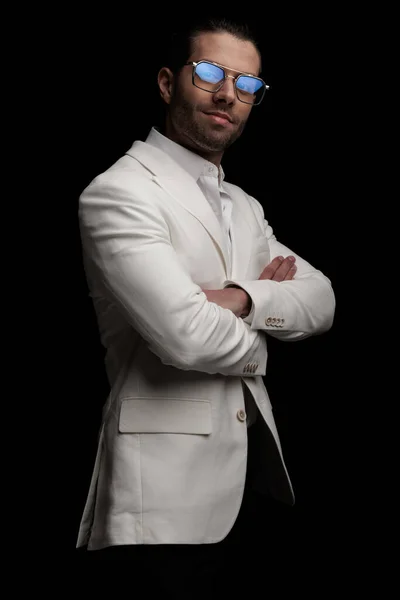 Proud Young Man Glasses White Suit Smiling Crossing Arms Posing — Stock Photo, Image