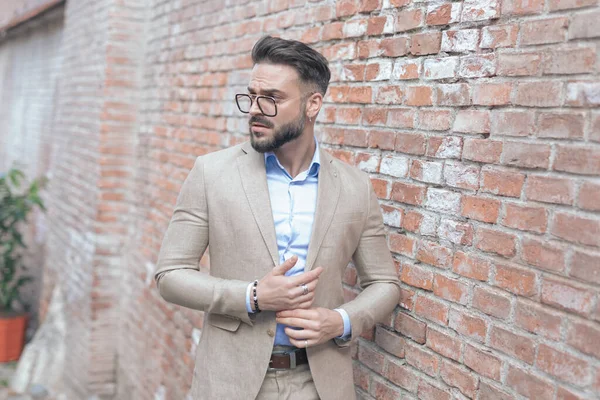 Portrait Young Businessman Rubbing His Palms Looking Side Wearing Eyeglasses — Stock Photo, Image