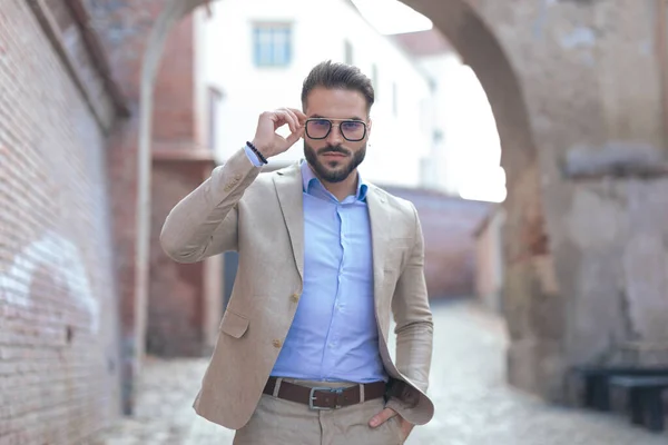Portrait Young Businessman Arranging His Eyeglasses Holding Hand Pocket Outdoor — Stock Photo, Image