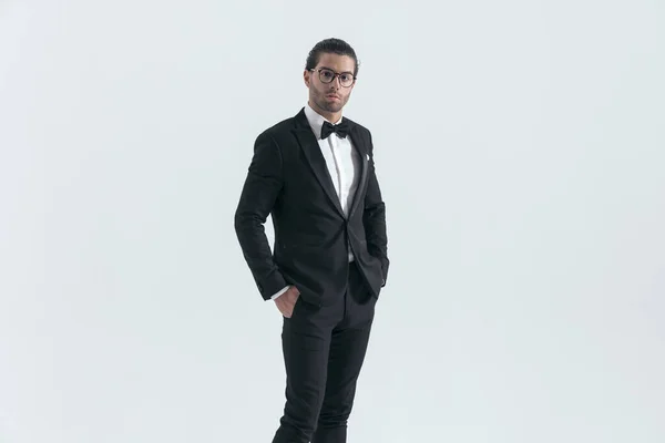 Elegant Groom Glasses Posing Hands Pockets Front Grey Background Studio — Stock Photo, Image