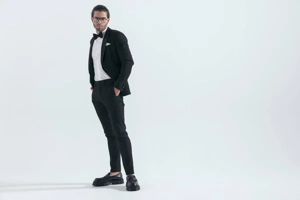 Young Fashion Man Black Tuxedo Holding Hands Pockets Standing Front — Stock Photo, Image