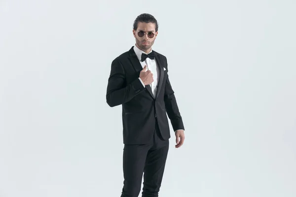 Handsome Elegant Best Man Black Tuxedo Adjusting Jacket Posing While — Stock Photo, Image