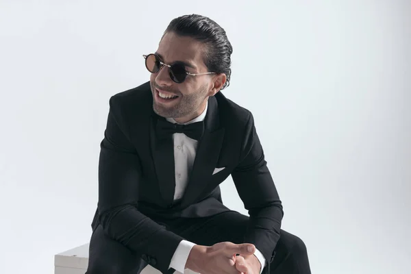 Happy Young Man Sunglasses Black Tuxedo Looking Side Laughing While — Stock Photo, Image