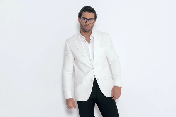 Sexy Fashion Guy Wearing White Jacket Suit Open Collar Shirt — Stock Photo, Image