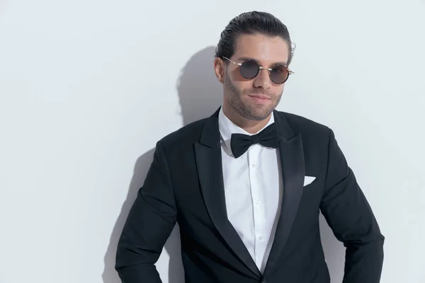 Elegant Businessman Giving Subtle Smile Camera Wearing Glasses White Studio — Stock Photo, Image