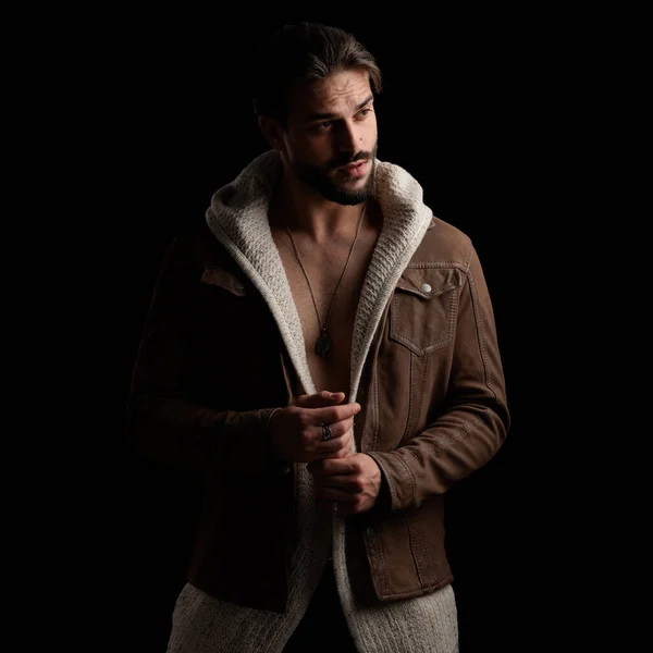 Shirtless Sexy Man Wool Cardigan Jacket Looking Side While Posing — Stock Photo, Image