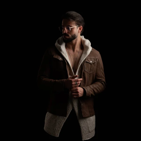 Fashion Young Man Wearing Only Wool Cardigan Jacket Looking Side — Stock Photo, Image