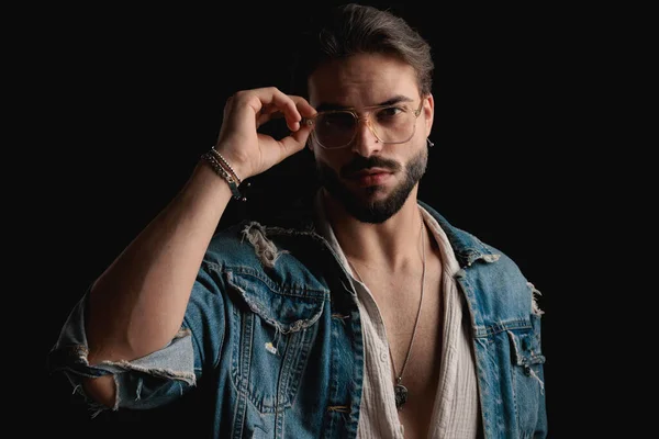 Portrait Sexy Bearded Man Denim Jacket Shirt Opened Adjusting Glasses — Stock Photo, Image