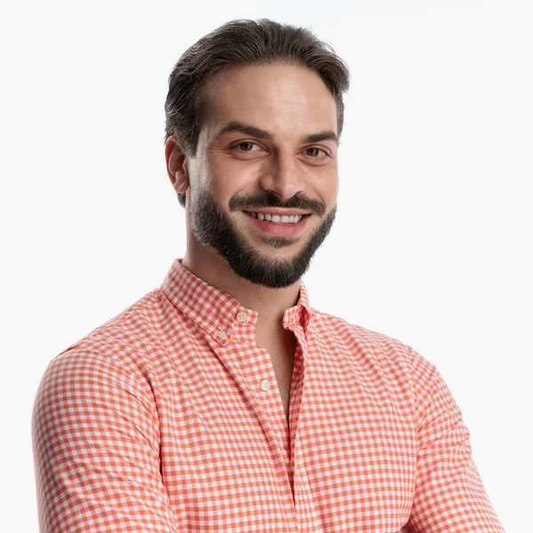 Portrait Happy Young Man Beard Wearing Plaid Shirt Smiling While — Stock Photo, Image