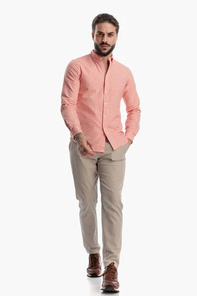Full Body Picture Confident Young Man Beard Holding Hand Pocket — Stock Photo, Image