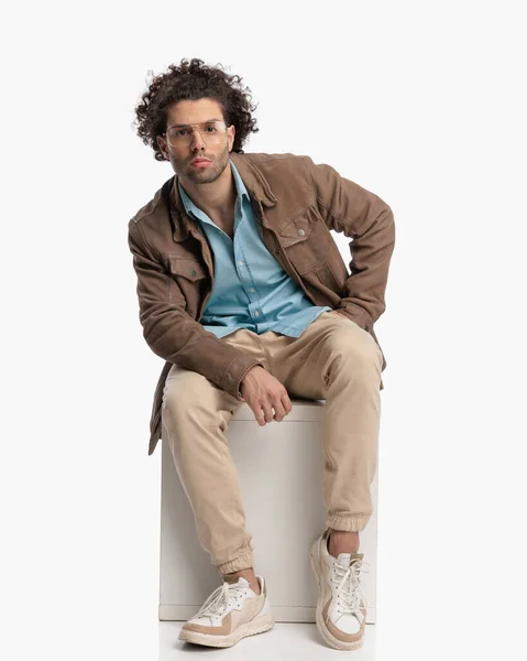 Sexy Confident Man Curly Hair Holding Hand Pocket Posing Front — Stock Photo, Image