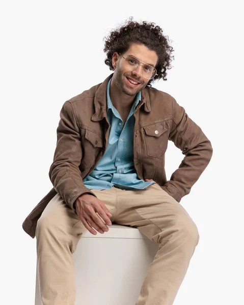 Handsome Young Man Glasses Wearing Beige Jacket Holding Hand Pocket — Stock Photo, Image
