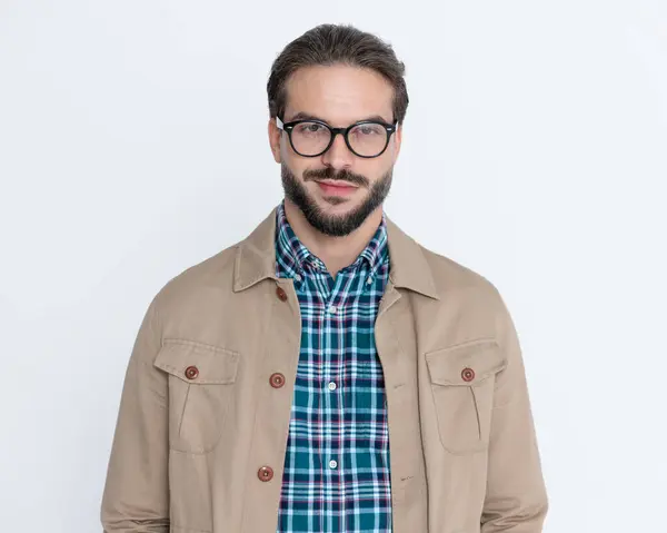 Attractive Young Man Glasses Wearing Jacket Smiling Posing Front Grey — Stock Photo, Image