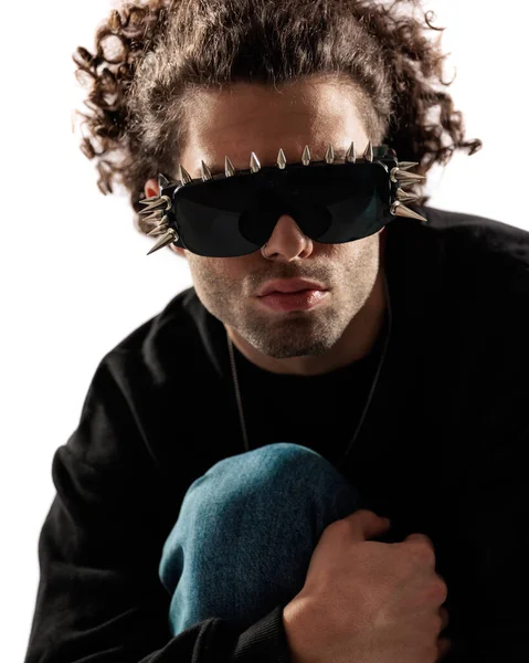 Sexy Curly Hair Guy Glasses Crouching Posing Cool Way Front — Stock Photo, Image