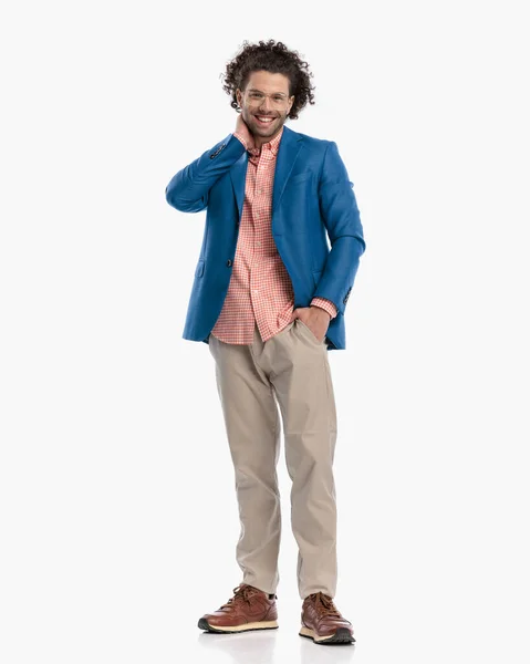 Full Body Picture Happy Casual Young Man Curly Hair Hand — Stock Photo, Image