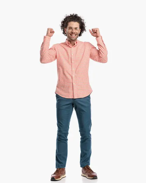 Full Body Picture Excited Young Man Glasses Holding Fists Air — Stock Photo, Image