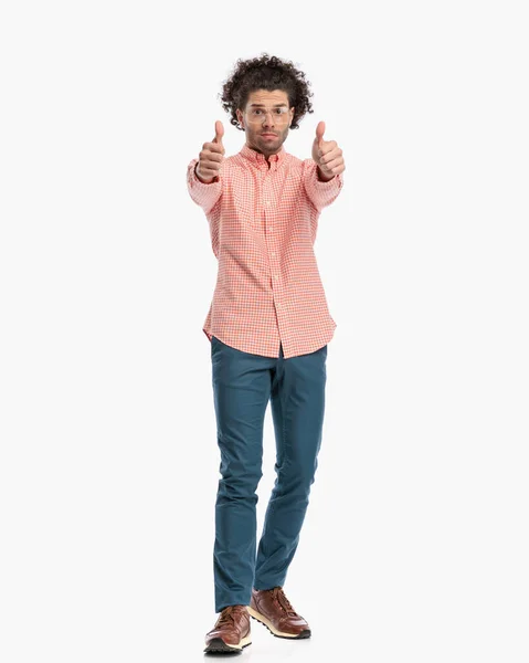 Attractive Fashion Man Curly Hair Making Thumbs Gesture Posing While — Stock Photo, Image