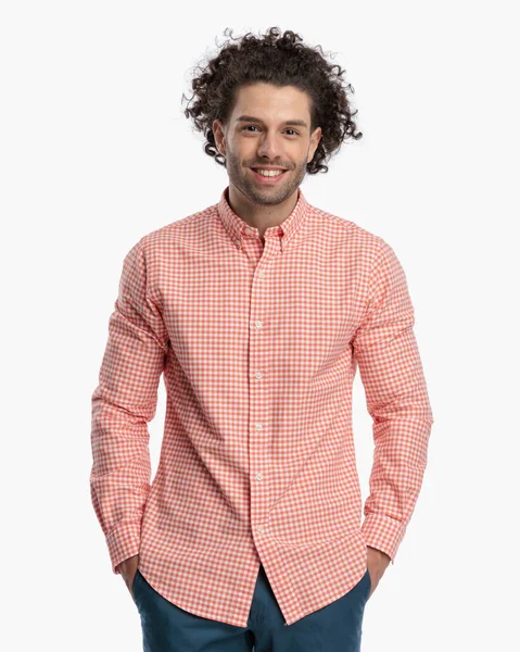 Sexy Man Curly Hair Plaid Shirt Holding Hands Pockets Smiling — Stock Photo, Image
