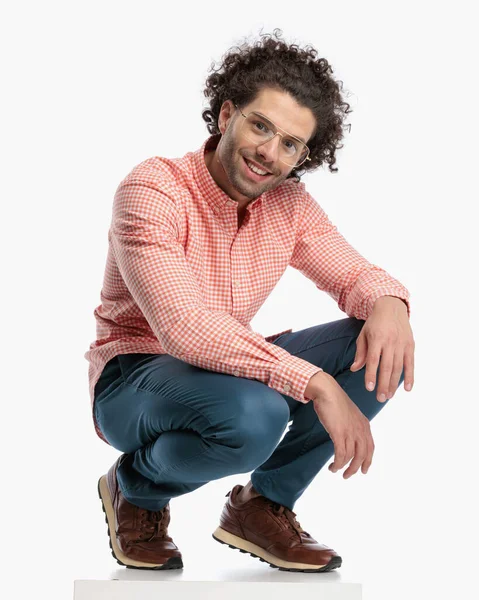 Full Body Picture Happy Casual Young Man Curly Hair Glasses — Stock Photo, Image