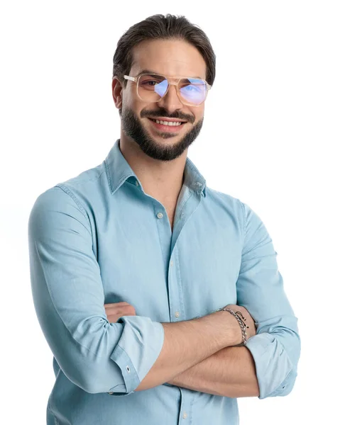 Attractive Young Man Beard Glasses Crossing Arms Smiling Front White — Stock Photo, Image