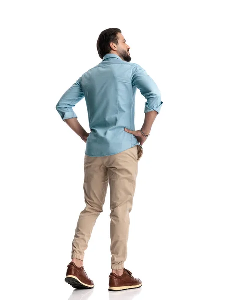 Rear View Casual Young Man Looking Away Walking Front White — Stock Photo, Image