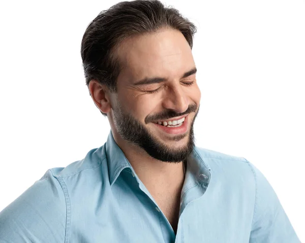 Funny Casual Young Man Closing Eyes Laughing While Posing Front — Stock Photo, Image
