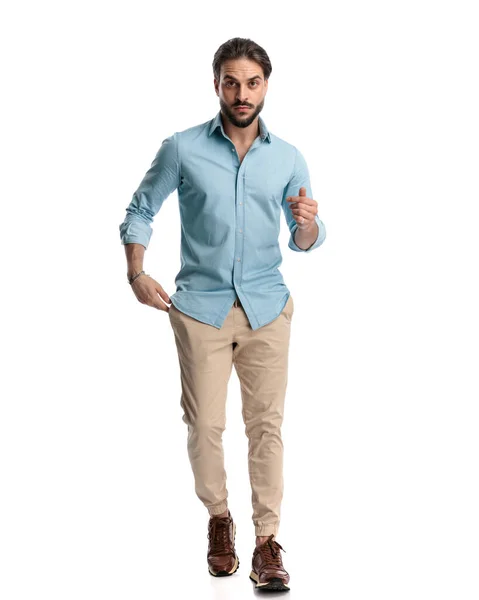 Handsome Casual Man Denim Shirt Looking Forward Walking Front White — Stock Photo, Image