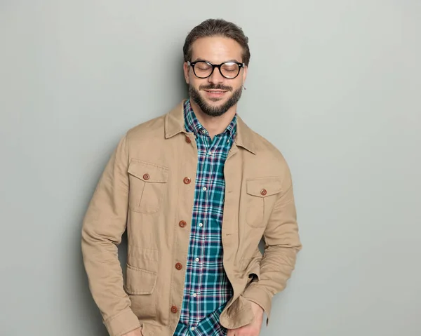 Happy Young Man Beige Jacket Glasses Crossing Arms Resting While — Stock Photo, Image
