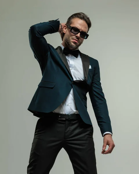 Cool Fashion Man Sunglasses Wearing Tuxedo Posing Hand Neck Cool — Stock Photo, Image