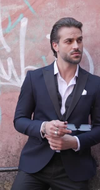 Sexy Junger Geschäftsmann Eleganten Anzug Mit Sonnenbrille Sieht Sich Reibt — Stockvideo