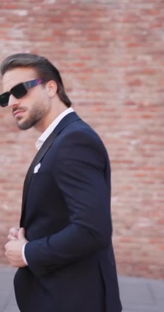 Side View Elegant Fashion Man Arranging Suit Looking Turning While — Stock Video